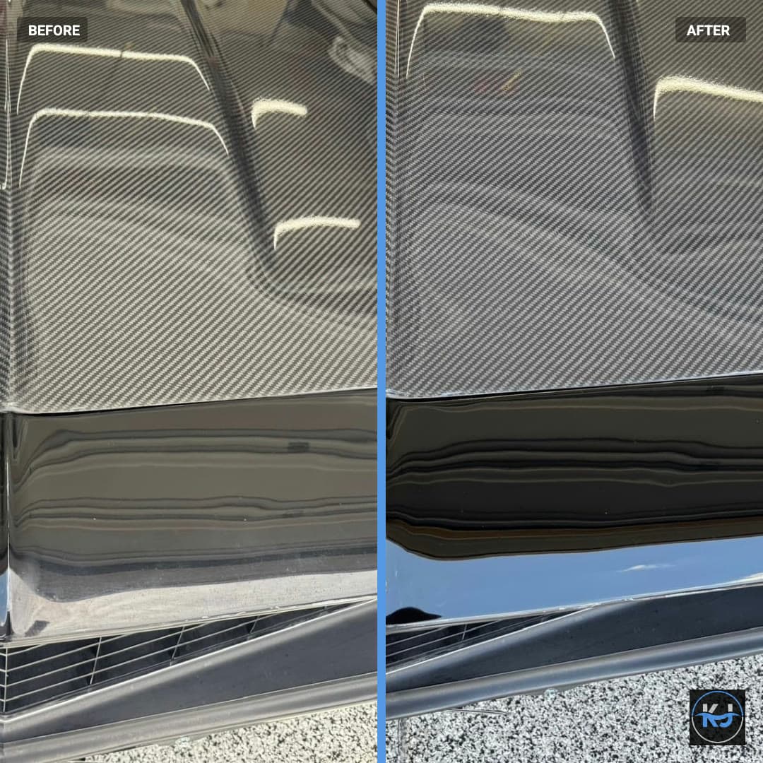The same painted panel before and after correction: swirl marks and dull reflections on the left, a clear mirror finish on the right.